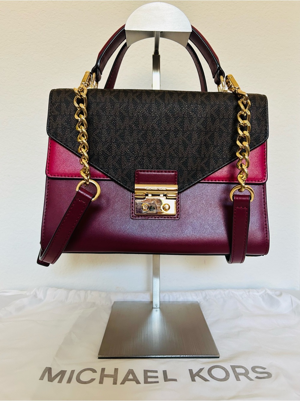 ❤️MICHAEL KORS🤎NWT~Brown MK Logo Flap with Mulberry and Burgundy Leather Satchel